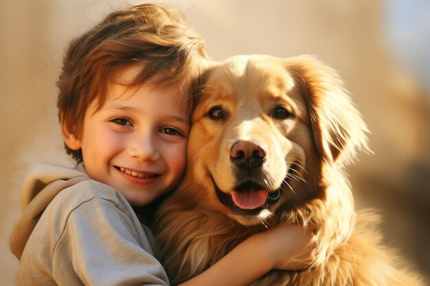 작은 소년 이 애완 동물 인 개 에게 애정 을 나타내고 있다
