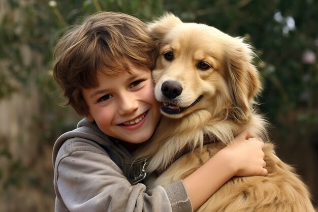 작은 소년 이 애완 동물 인 개 에게 애정 을 나타내고 있다