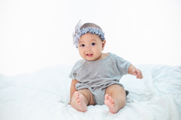 The little boy sitting on the bed