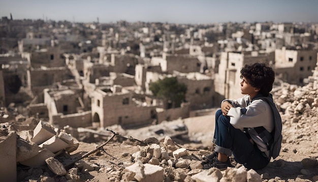 Free photo little boy sitting in the middle of the ruins of an old city