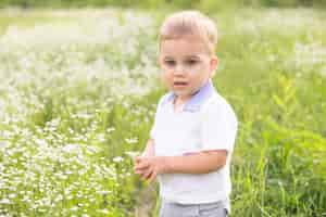 Free photo little boy standing in the meadow