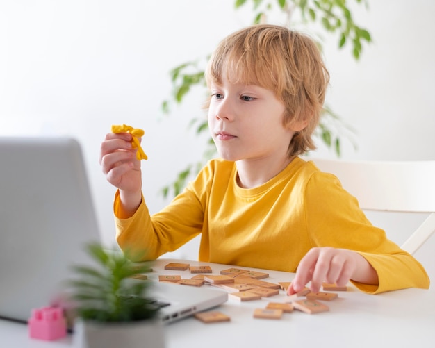 Little boy using laptop at home