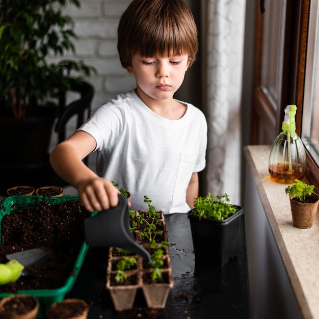 Маленький мальчик поливает урожай дома