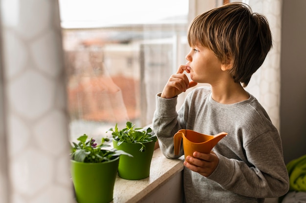 Little boy watering plants by the window