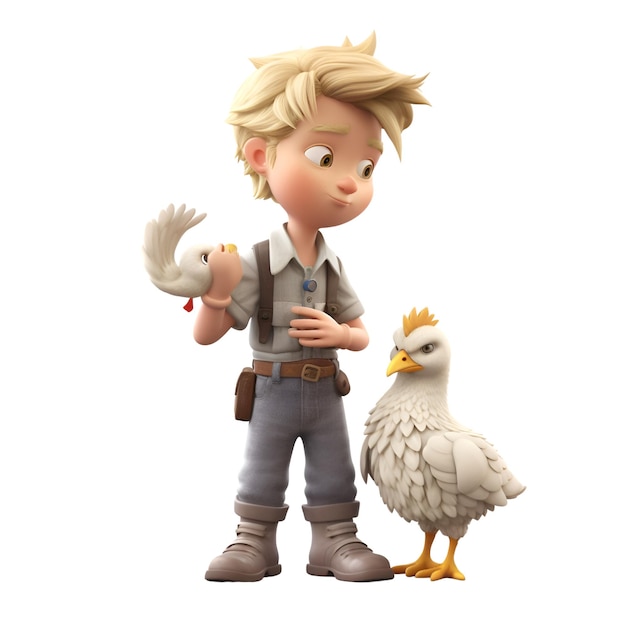 Маленький мальчик с курицами Изолирован на белом фоне 3D-рендеринг