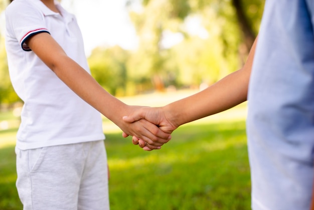 Little boys shaking hands in the park