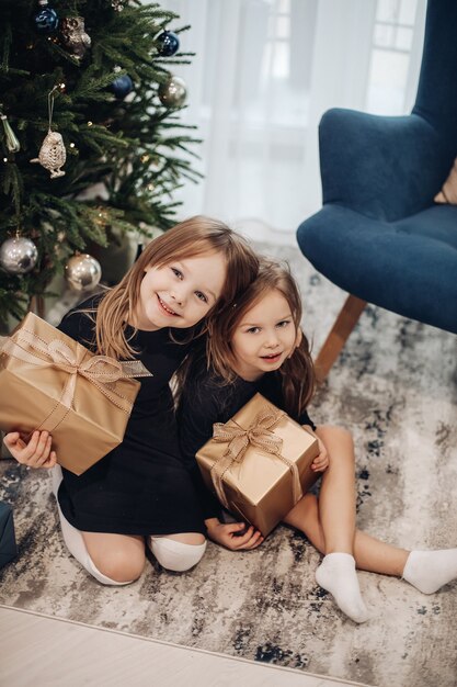 小さな白人の女の子は家のクリスマスツリーの近くで彼らの贈り物を見て、一緒に笑います