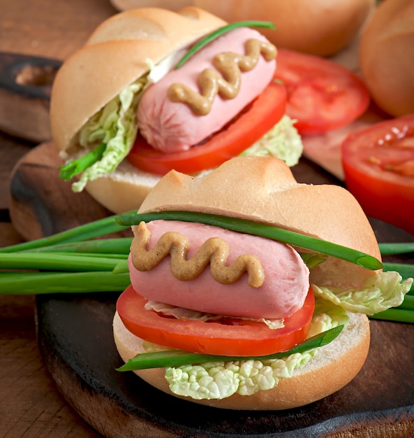 Little cheerful hot dog with sausage and tomato