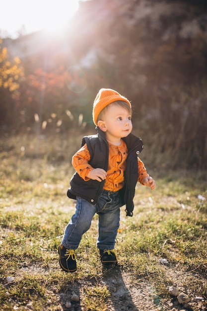 Маленький милый мальчик в осеннем парке