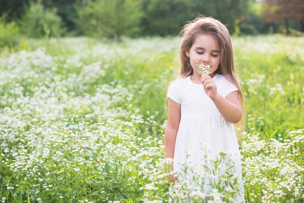 Little cute girl smelling flower in the field