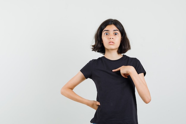 Little girl in black t-shirt pointing at herself and looking puzzled , front view.