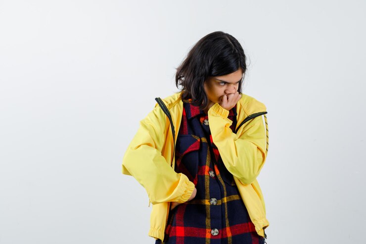 मुफ़्त फोटो little girl in checked shirt, jacket pillowing face on her hand and looking thoughtful , front view.