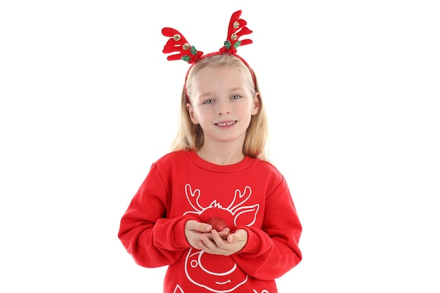Little girl in christmas clothes isolated on white background
