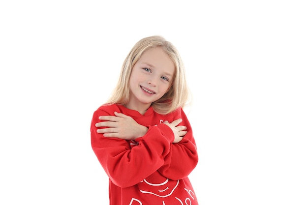 Bambina in maglione di natale isolato su sfondo bianco Foto Gratuite