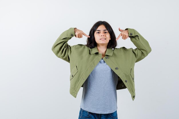 Little girl in coat, t-shirt, jeans pointing herself and looking proud , front view.