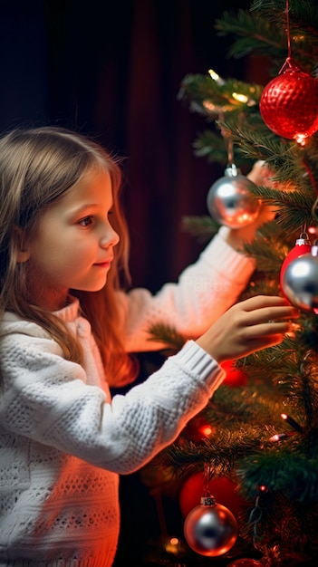 Little girl decorating the christmas tree