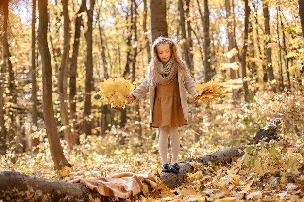 Little girl in fashion clothes walking in autumn forest. Girl holding a yellow leaves. Girl wearing brown dress and a coat.