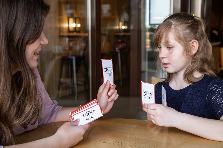 Free Photo a little girl learns notes in a playful way, with the help of special musical cards