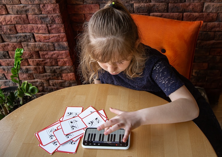 Free Photo a little girl learns notes in a playful way, with the help of special musical cards
