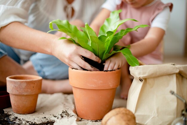 家で小さな女の子とお母さんの鉢植え植物