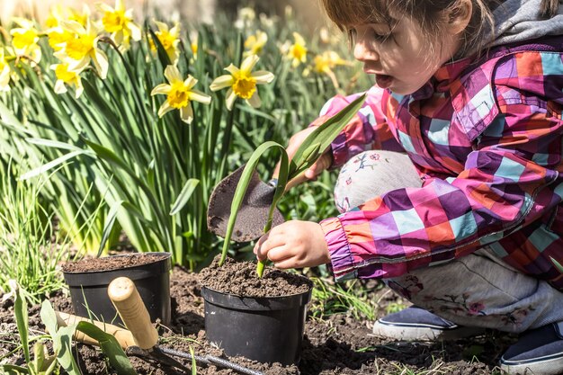 地球の日に庭に花を植える少女。農場で助ける子供。