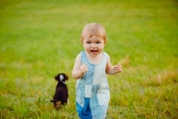 Little girl plays with puppy on the field 