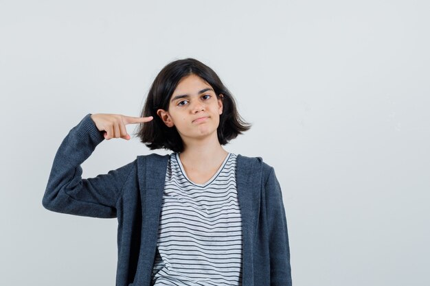 Little girl pointing at her face in t-shirt, jacket and looking confident ,