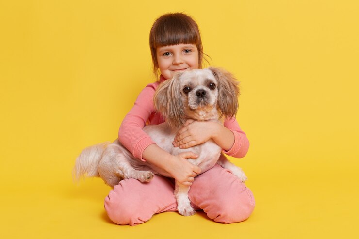Free Photo little girl posing with pekingese dog on yellow