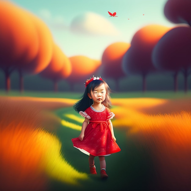 Маленькая девочка в красном платье идет по дорожке с бабочкой наверху.
