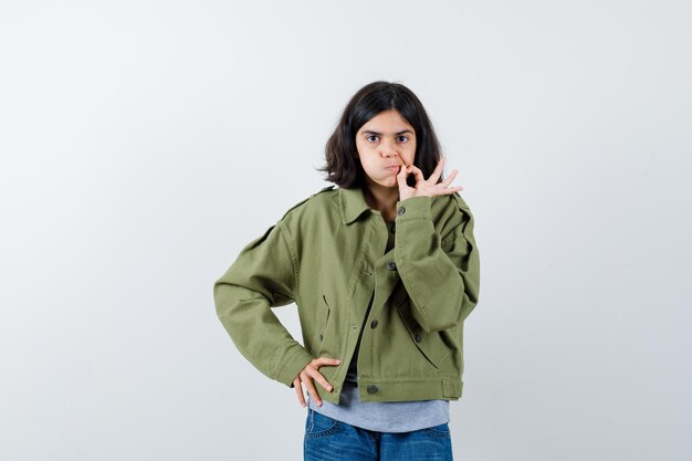 Little girl showing ok gesture, curving lips in coat, t-shirt, jeans and looking confident , front view.