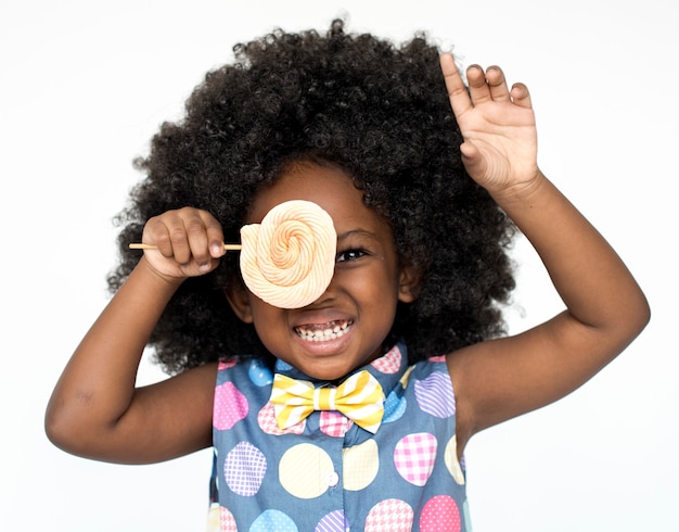 Little Girl Smiling Happiness Studio Portrait Sweet Lollipop