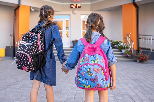 Free photo little girls, primary school students, go to school with backpacks, holding hands.