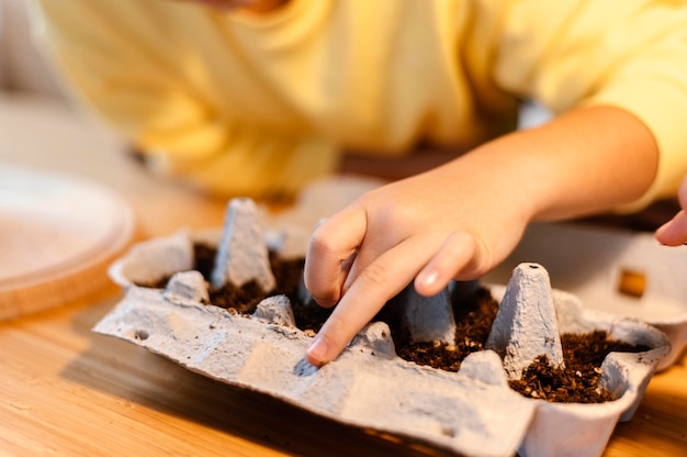 Little kid planting seeds at home