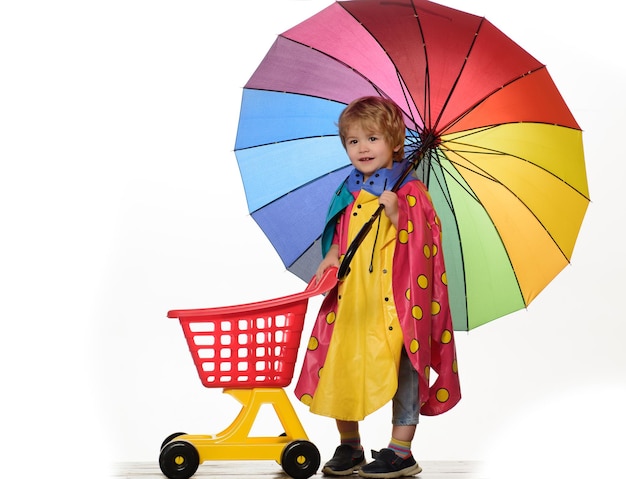 Little man are getting ready for shoping and autumn sale. the autumn mood and the weather are warm and sunny and rain is possible. people in rain. isolated object on white background.