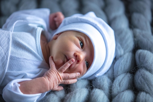 니트 커버에 누워 작은 갓 태어난 아이. 프리미엄 사진