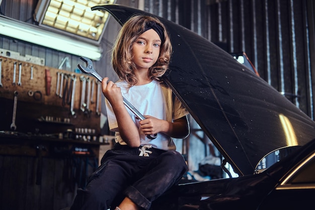 Little pensive girl is sitting on the open car's hood with big wrench in hands.