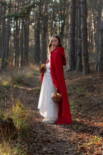 Little red riding hood in a white dress