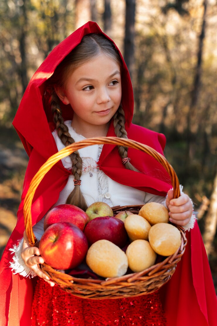 Free Photo little red riding hood with wooden basket with goodies