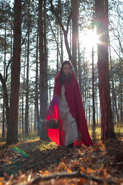 Little red riding hood with wooden basket with goodies