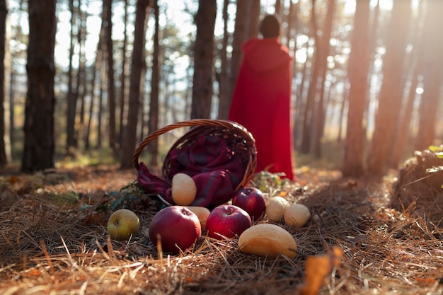 Little red riding hood with wooden basket with goodies