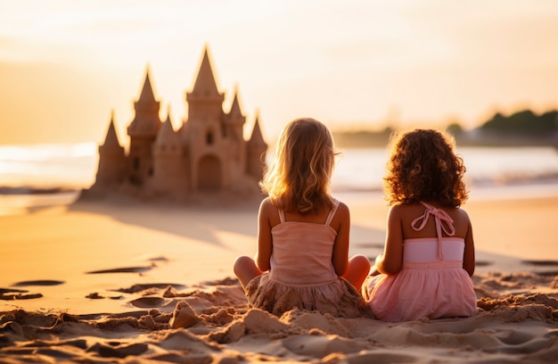 無料写真 小さな姉妹が一緒にビーチで遊んでいます