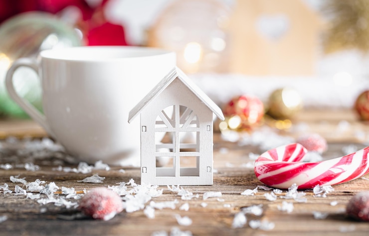 Free Photo a little wooden house and christmas decoration on wooden table
