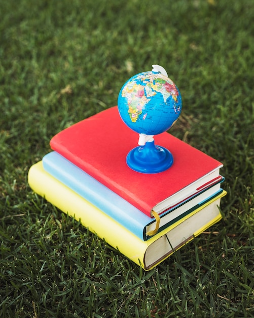 Little world globe on stack of textbooks