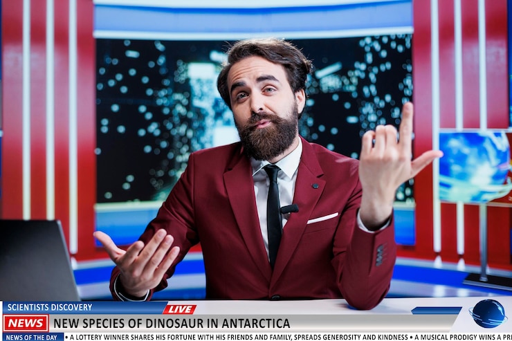 Free Photo on live media program, news presenter reveals remarkable finding, biologists found new type of dinosaur in antarctica. reporter addressing weird surprise and rare discovery, night show.