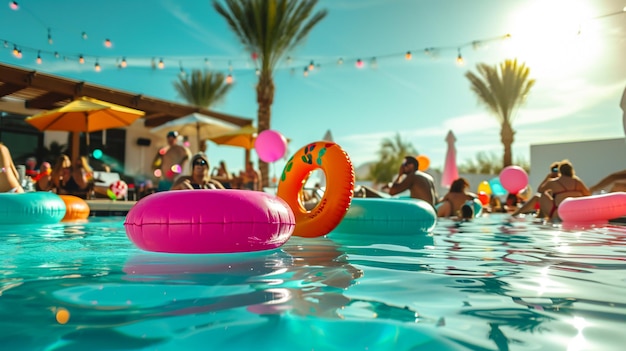 Оживленная вечеринка у бассейна с яркими надувными лодками, веселой музыкой и гостями, наслаждающимися солнцем.