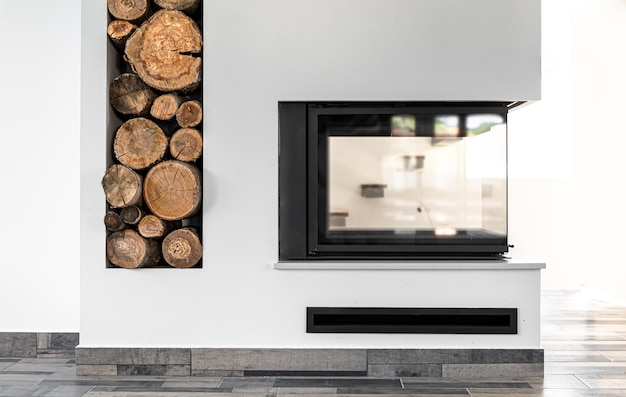living room corner style with fireplace decor and wood concept interior room style.