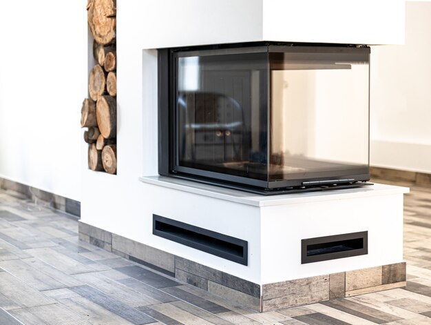 living room corner style with fireplace decor and wood concept interior room style.