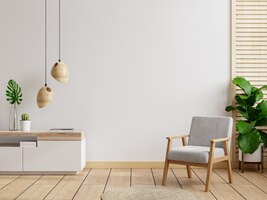Интерьерная стена гостиной в теплых тонах, серое кресло с деревянным шкафом. 3d визуализация