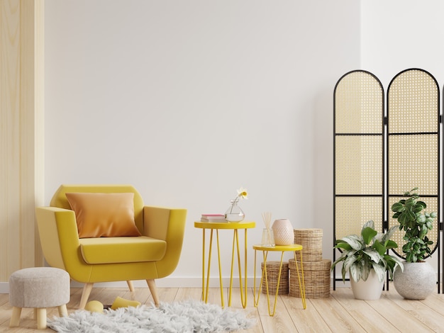 Living room interior wall  in warm tones with yellow armchair on white wall .3d rendering