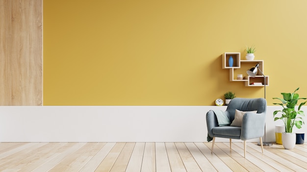 Living room interior with fabric armchair ,lamp,book and plants on empty yellow wall background.